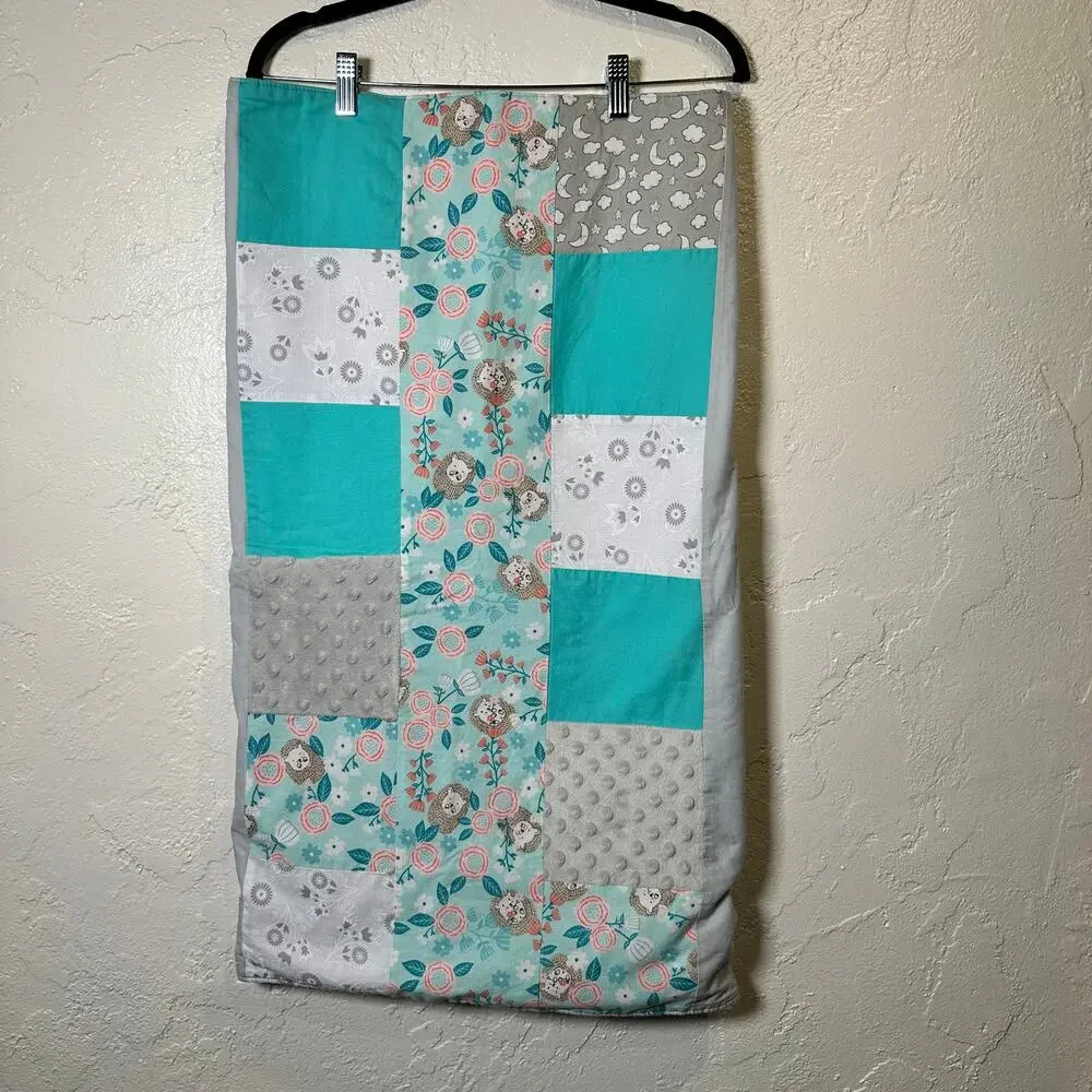 Handmade Baby Quilt 30 x 36 Hedgehog Floral Turquoise Pink Gray Original Gift